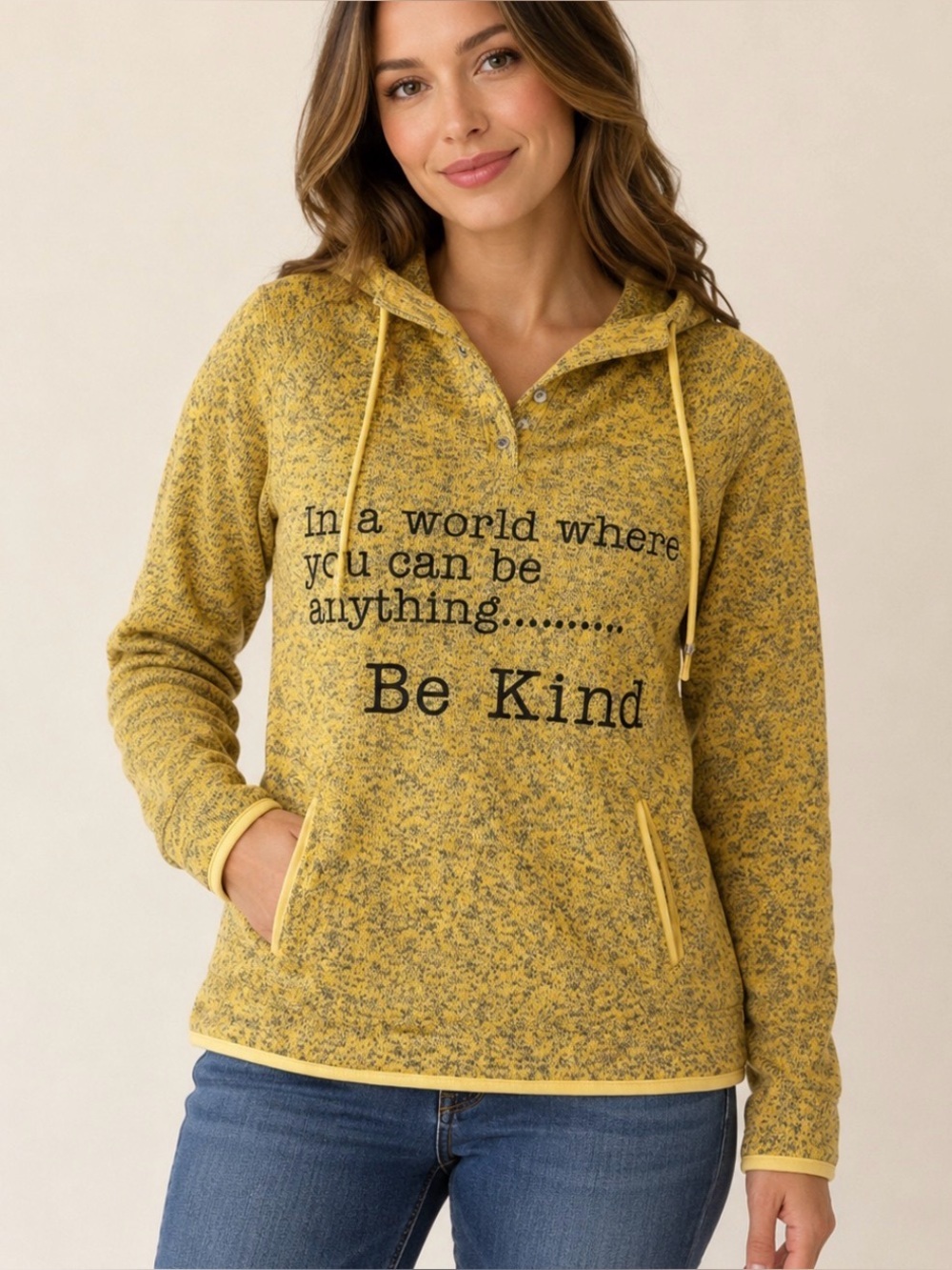 Misslook over sized "Be Kind" hooded 1/4 button up pullover fleece lined hoodie